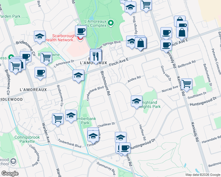 map of restaurants, bars, coffee shops, grocery stores, and more near 2775 Birchmount Road in Toronto