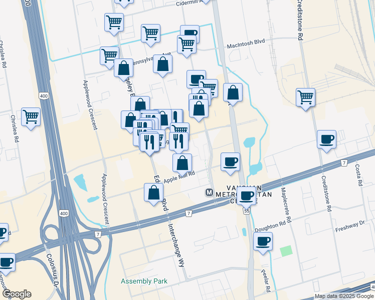 map of restaurants, bars, coffee shops, grocery stores, and more near in Vaughan