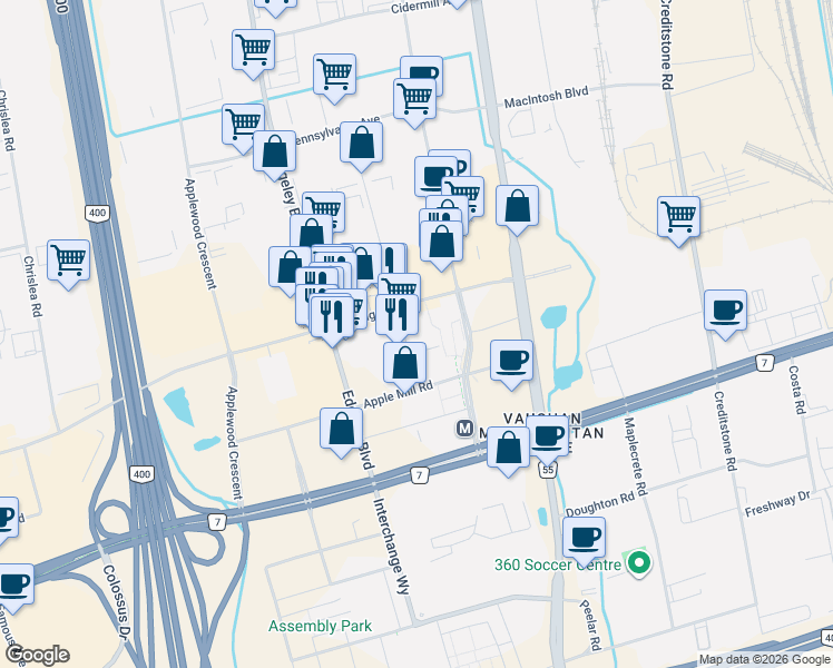 map of restaurants, bars, coffee shops, grocery stores, and more near 5 Buttermill Avenue in Vaughan