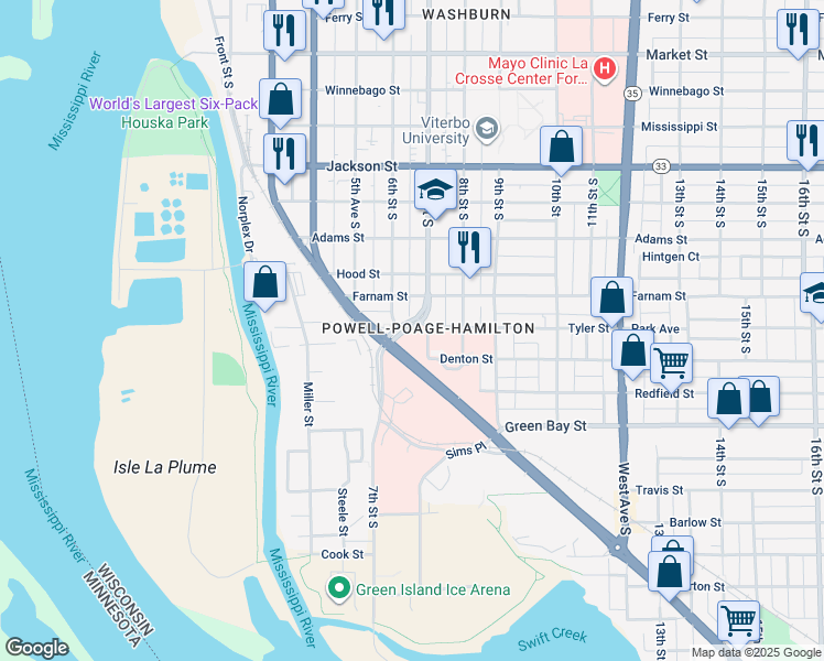 map of restaurants, bars, coffee shops, grocery stores, and more near 618 Tyler Street in La Crosse