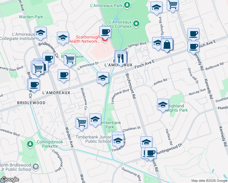 map of restaurants, bars, coffee shops, grocery stores, and more near 270 Timberbank Boulevard in Toronto