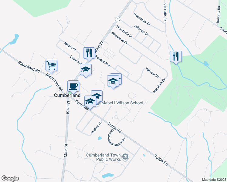 map of restaurants, bars, coffee shops, grocery stores, and more near 351 Tuttle Road in Cumberland