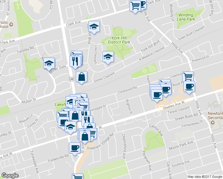 map of restaurants, bars, coffee shops, grocery stores, and more near 196 Crestwood Road in Vaughan