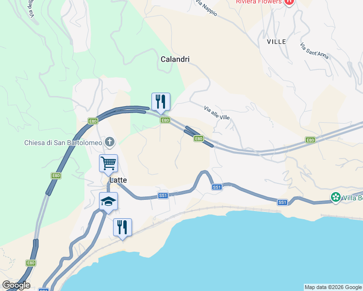 map of restaurants, bars, coffee shops, grocery stores, and more near 26 Via M.Buonarroti in Latte