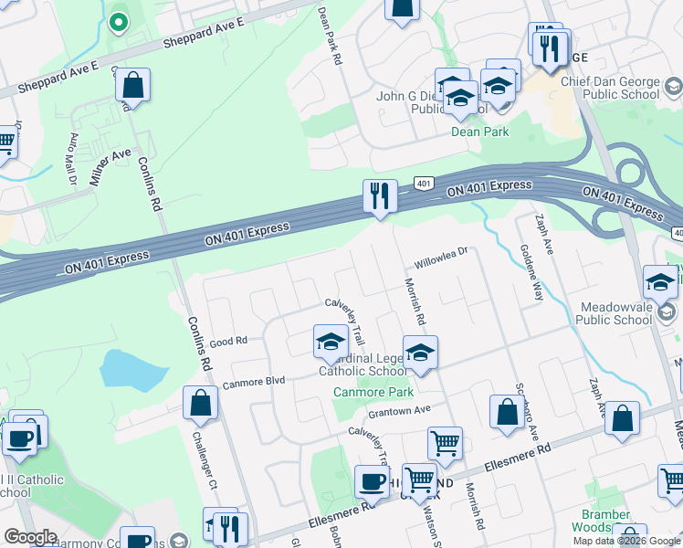 map of restaurants, bars, coffee shops, grocery stores, and more near 19 Grover Drive in Toronto
