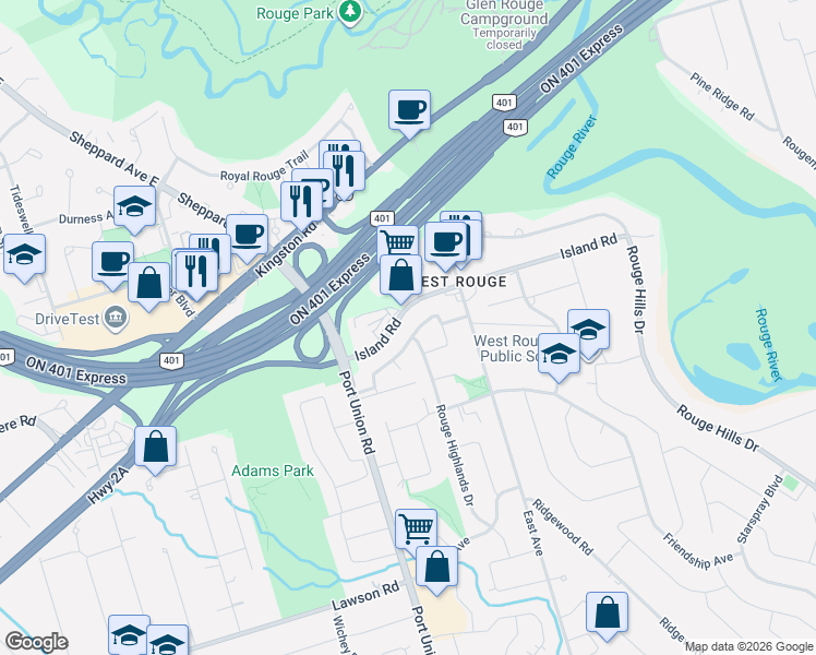 map of restaurants, bars, coffee shops, grocery stores, and more near in Toronto