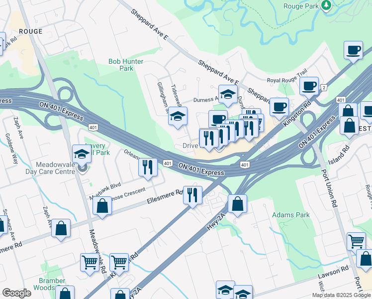map of restaurants, bars, coffee shops, grocery stores, and more near in Toronto