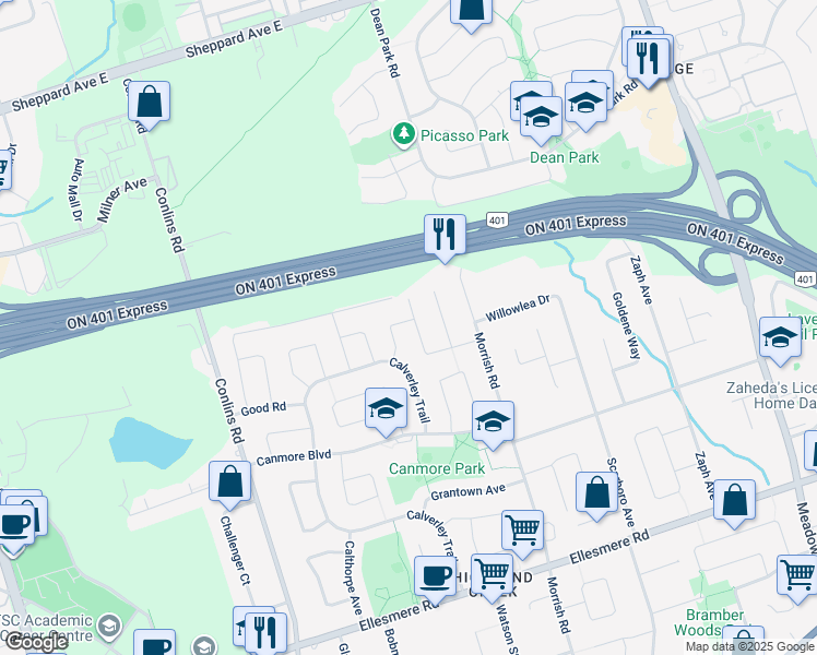 map of restaurants, bars, coffee shops, grocery stores, and more near in Toronto