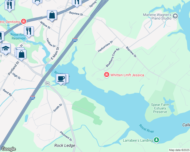 map of restaurants, bars, coffee shops, grocery stores, and more near 53 Blueberry Cove Road in Yarmouth