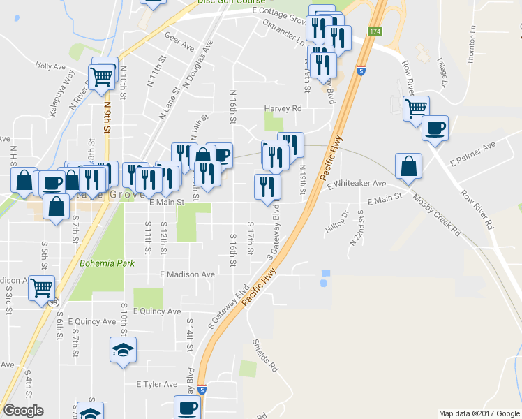 map of restaurants, bars, coffee shops, grocery stores, and more near 1783 East Main Street in Cottage Grove