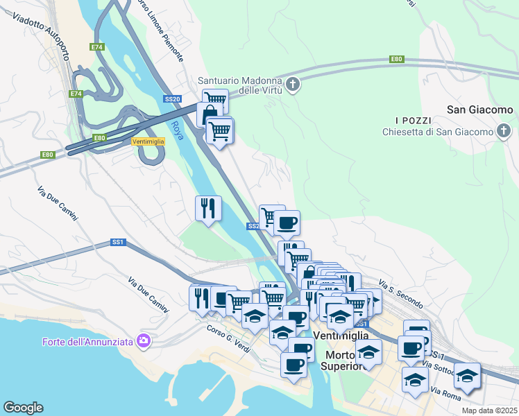 map of restaurants, bars, coffee shops, grocery stores, and more near 62 Via Tenda in Ventimiglia