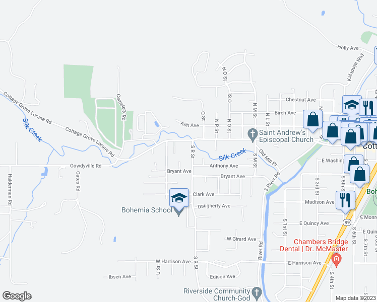 map of restaurants, bars, coffee shops, grocery stores, and more near 41 South R Street in Cottage Grove