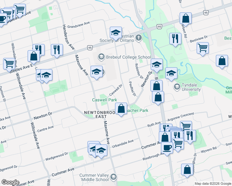 map of restaurants, bars, coffee shops, grocery stores, and more near 31 Caswell Drive in Toronto