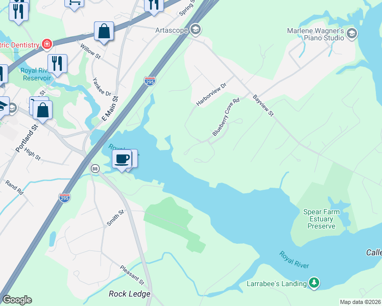 map of restaurants, bars, coffee shops, grocery stores, and more near 53 Blueberry Cove in Yarmouth