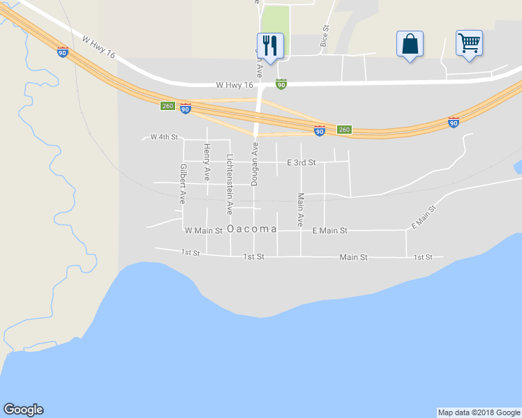 map of restaurants, bars, coffee shops, grocery stores, and more near 1st Street in Oacoma
