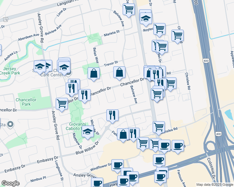 map of restaurants, bars, coffee shops, grocery stores, and more near 23 Romano Crescent in Vaughan