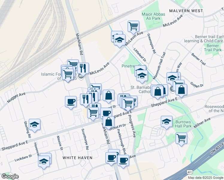 map of restaurants, bars, coffee shops, grocery stores, and more near 28 Robbinstone Drive in Toronto