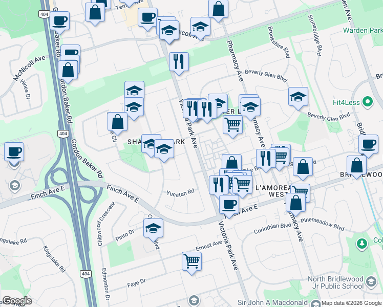 map of restaurants, bars, coffee shops, grocery stores, and more near 187 Apache Trail in Toronto