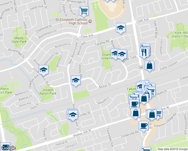 map of restaurants, bars, coffee shops, grocery stores, and more near 21 Winborne Road in Vaughan