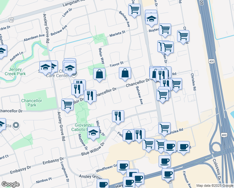 map of restaurants, bars, coffee shops, grocery stores, and more near 23 Romano Crescent in Vaughan