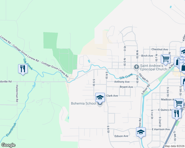 map of restaurants, bars, coffee shops, grocery stores, and more near 30 South S Street in Cottage Grove