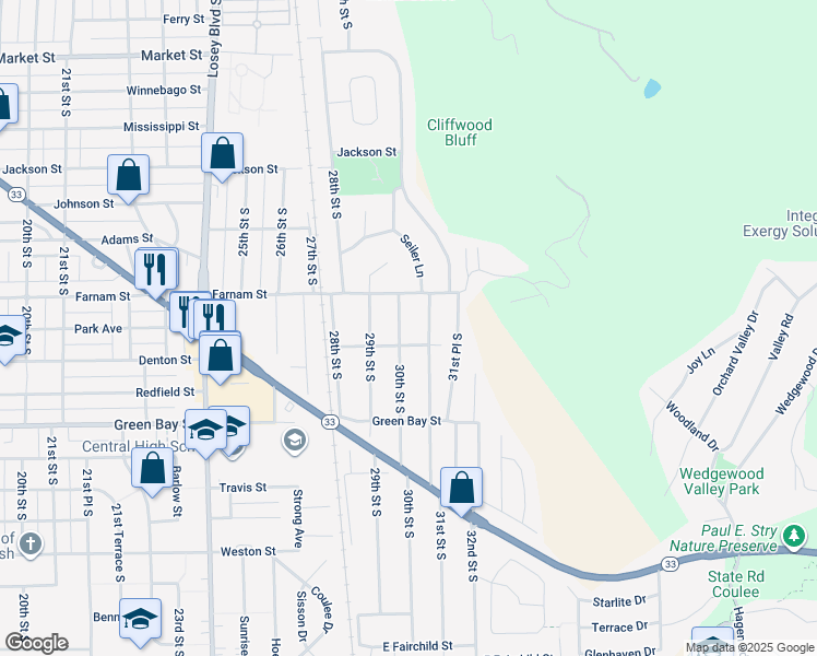 map of restaurants, bars, coffee shops, grocery stores, and more near 1409 30th Street South in La Crosse
