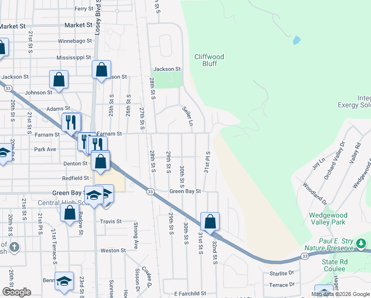 map of restaurants, bars, coffee shops, grocery stores, and more near 1409 30th Street South in La Crosse