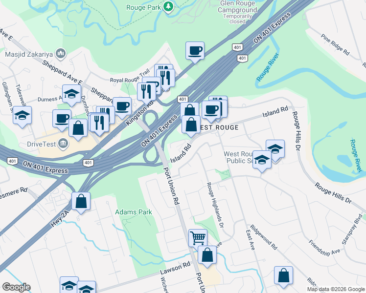 map of restaurants, bars, coffee shops, grocery stores, and more near 19 Island Road in Toronto