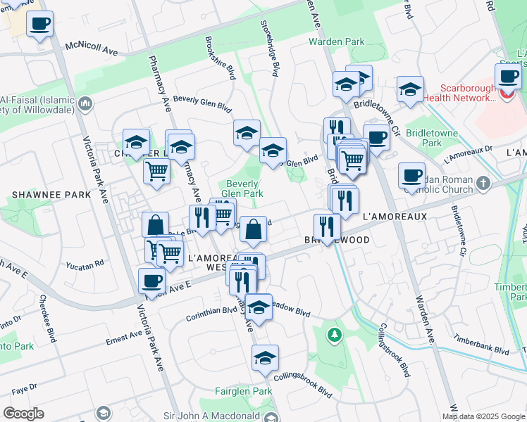 map of restaurants, bars, coffee shops, grocery stores, and more near 50 Heatherside Drive in Toronto
