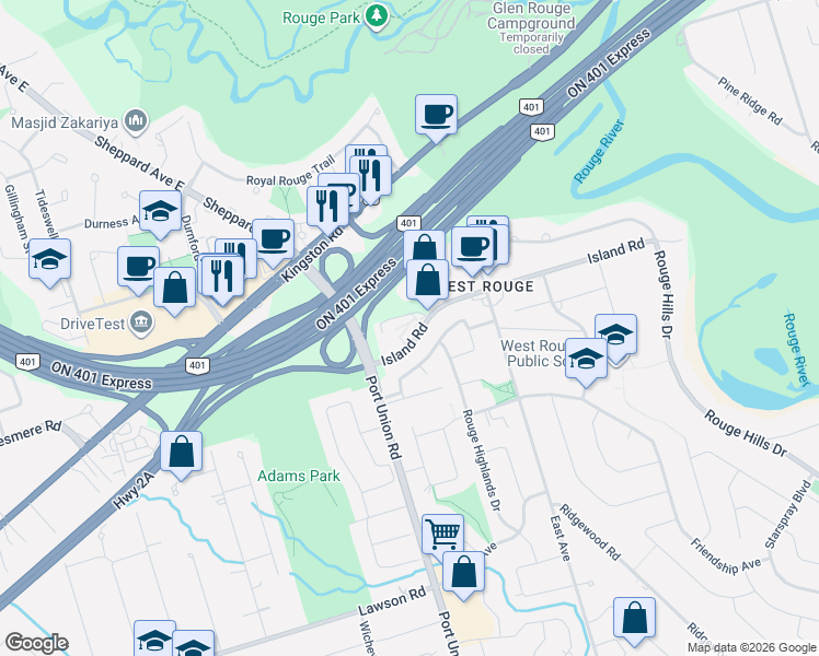 map of restaurants, bars, coffee shops, grocery stores, and more near 19 Island Road in Toronto