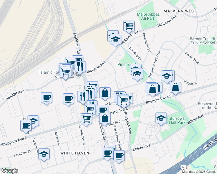 map of restaurants, bars, coffee shops, grocery stores, and more near 26 Robbinstone Drive in Toronto