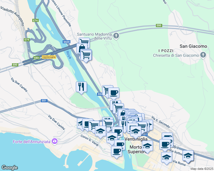 map of restaurants, bars, coffee shops, grocery stores, and more near 46A Via Tenda in Ventimiglia