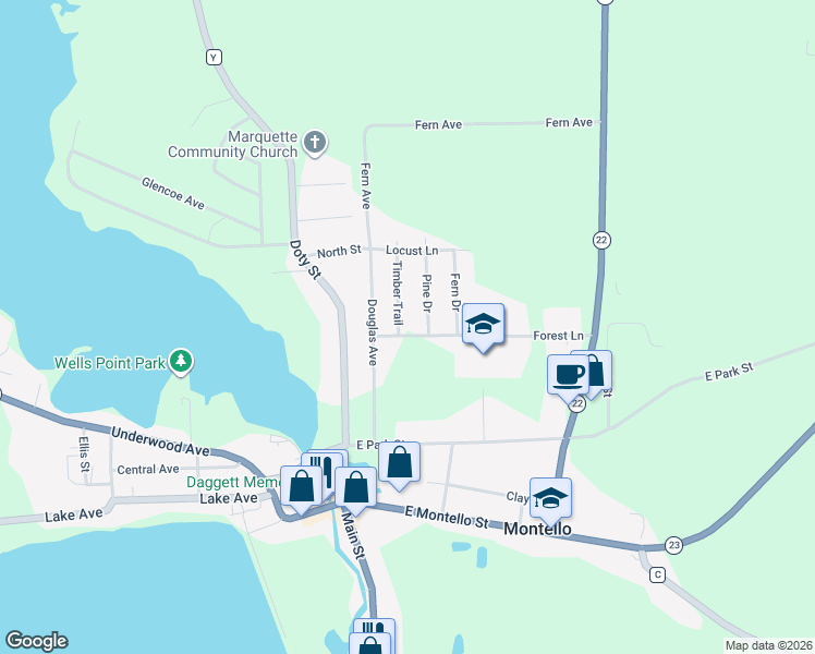 map of restaurants, bars, coffee shops, grocery stores, and more near 145 Forest Lane in Montello
