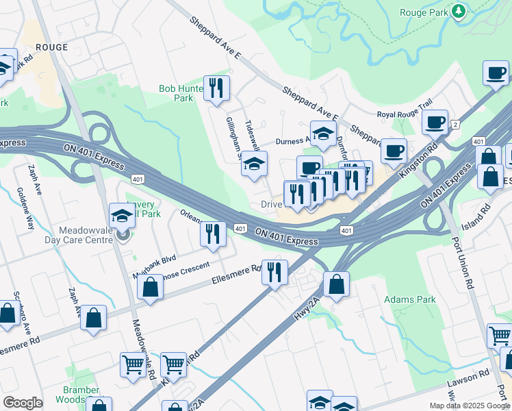 map of restaurants, bars, coffee shops, grocery stores, and more near 52 Huxtable Lane in Toronto