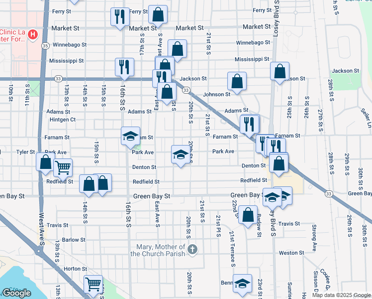 map of restaurants, bars, coffee shops, grocery stores, and more near 1324 20th Street South in La Crosse