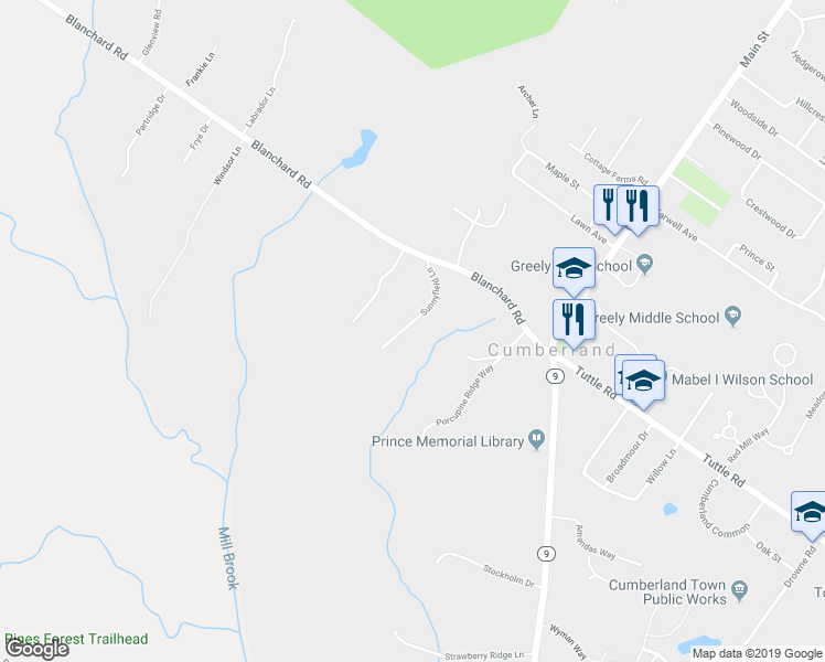 map of restaurants, bars, coffee shops, grocery stores, and more near 2-98 Sunnyfield Lane in Cumberland