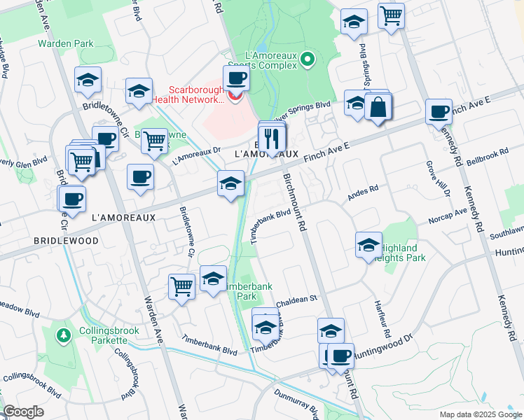 map of restaurants, bars, coffee shops, grocery stores, and more near 270 Timberbank Boulevard in Toronto