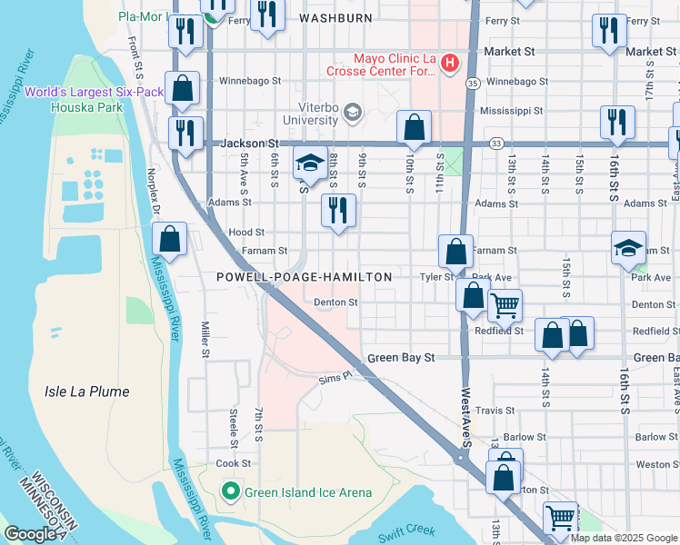 map of restaurants, bars, coffee shops, grocery stores, and more near 1424 9th Street South in La Crosse