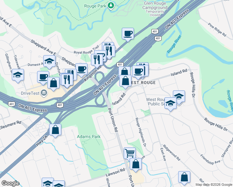 map of restaurants, bars, coffee shops, grocery stores, and more near 2 Island Road in Toronto