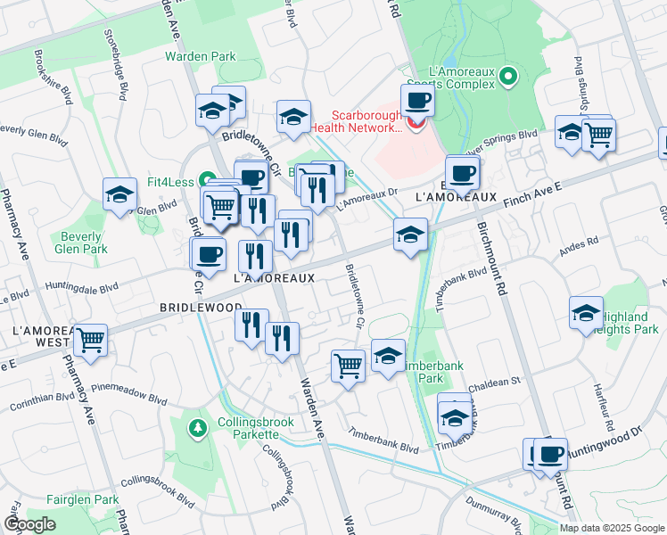 map of restaurants, bars, coffee shops, grocery stores, and more near 3443 Finch Avenue East in Toronto