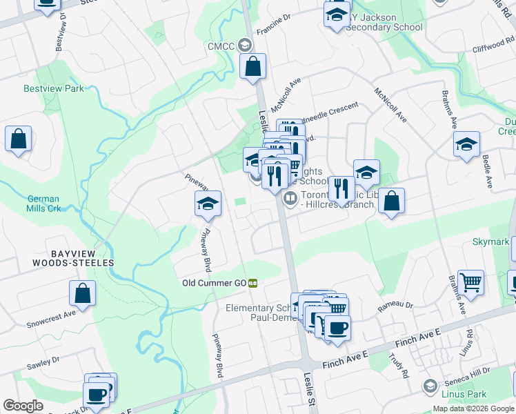 map of restaurants, bars, coffee shops, grocery stores, and more near 90 Castlebury Crescent in Toronto