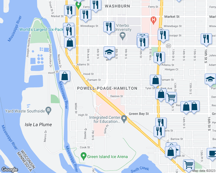 map of restaurants, bars, coffee shops, grocery stores, and more near 1423 7th Street South in La Crosse