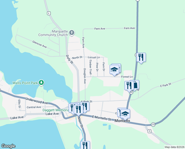 map of restaurants, bars, coffee shops, grocery stores, and more near 145 Forest Lane in Montello