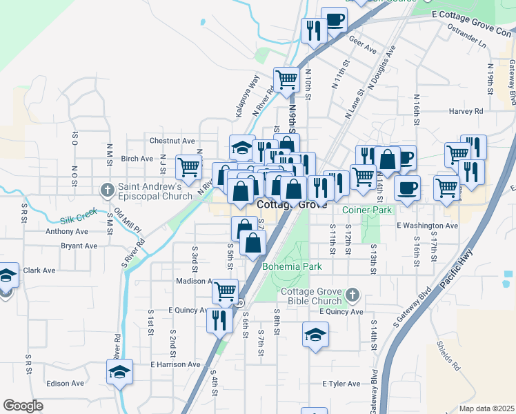map of restaurants, bars, coffee shops, grocery stores, and more near 615 East Main Street in Cottage Grove