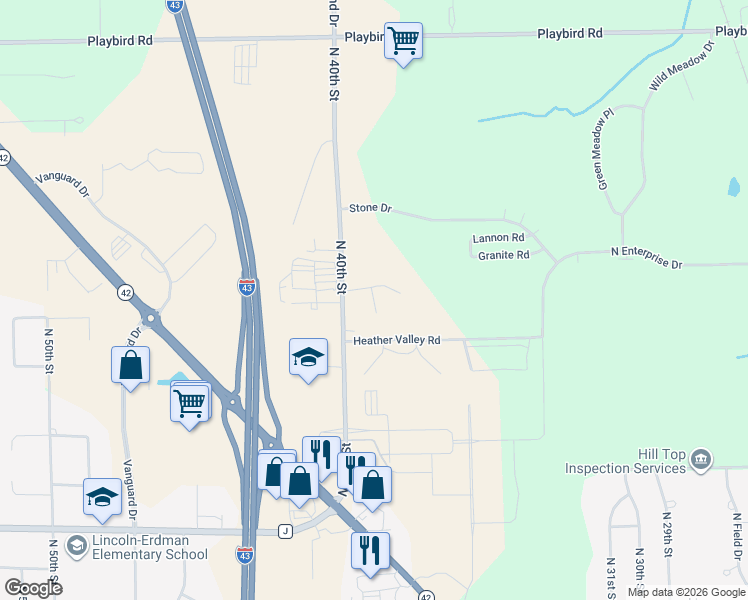map of restaurants, bars, coffee shops, grocery stores, and more near 3835 Mendocino Lane in Sheboygan