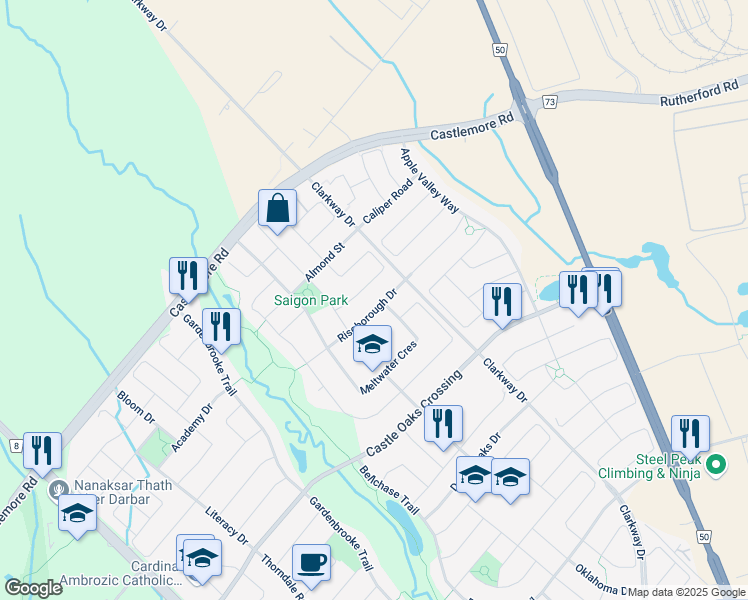 map of restaurants, bars, coffee shops, grocery stores, and more near 18 Riseborough Drive in Brampton