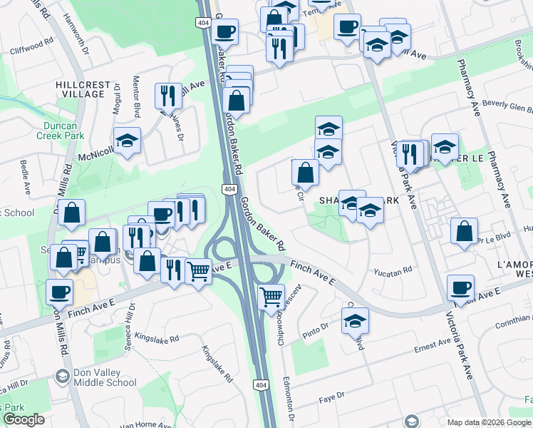 map of restaurants, bars, coffee shops, grocery stores, and more near 251 Shawnee Circle in Toronto