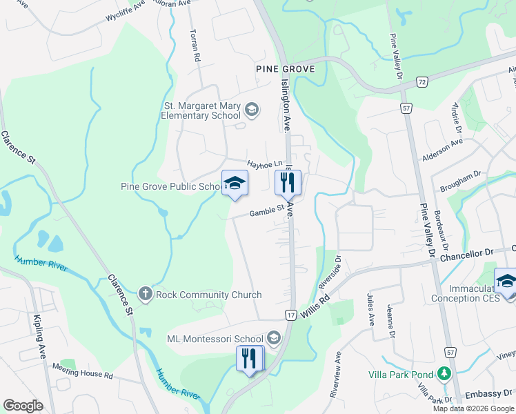 map of restaurants, bars, coffee shops, grocery stores, and more near 48 Gamble Street in Vaughan