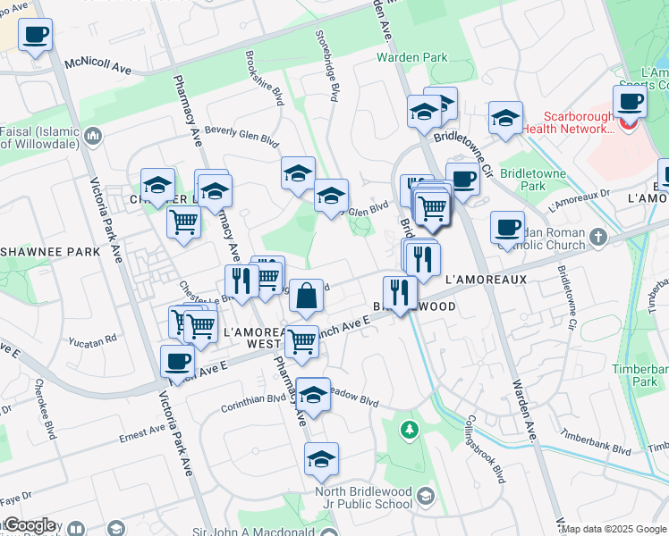 map of restaurants, bars, coffee shops, grocery stores, and more near 36 Heatherside Drive in Toronto