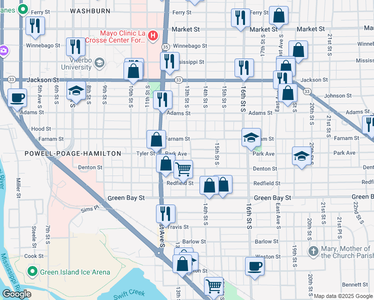 map of restaurants, bars, coffee shops, grocery stores, and more near 1320 13th Street South in La Crosse